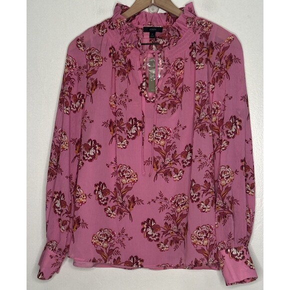 J Crew Tops - NWT J. Crew Pullover Blouse Medium Neck Ruffle Floral Tie Romantic Pink Red Cami